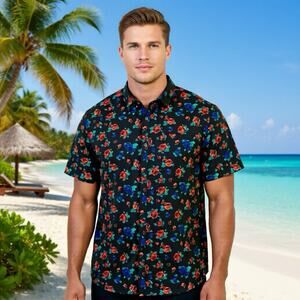 New Y2K Structure SlimFit Men XXL Cotton ButtonUp Shirt ShortSleeve Black Floral
